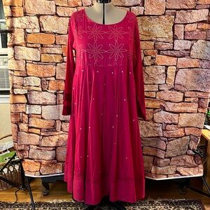 USTAV fuchsia paint block long sleeve cotton midi dress silver sequins on skirt
